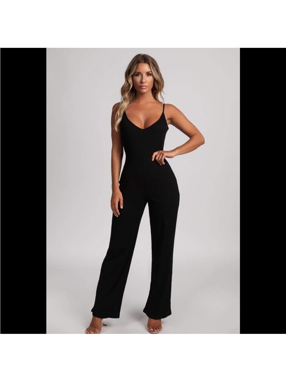 Meshki Theola Ribbed V-Neck Wide Leg Jumpsuit in Black